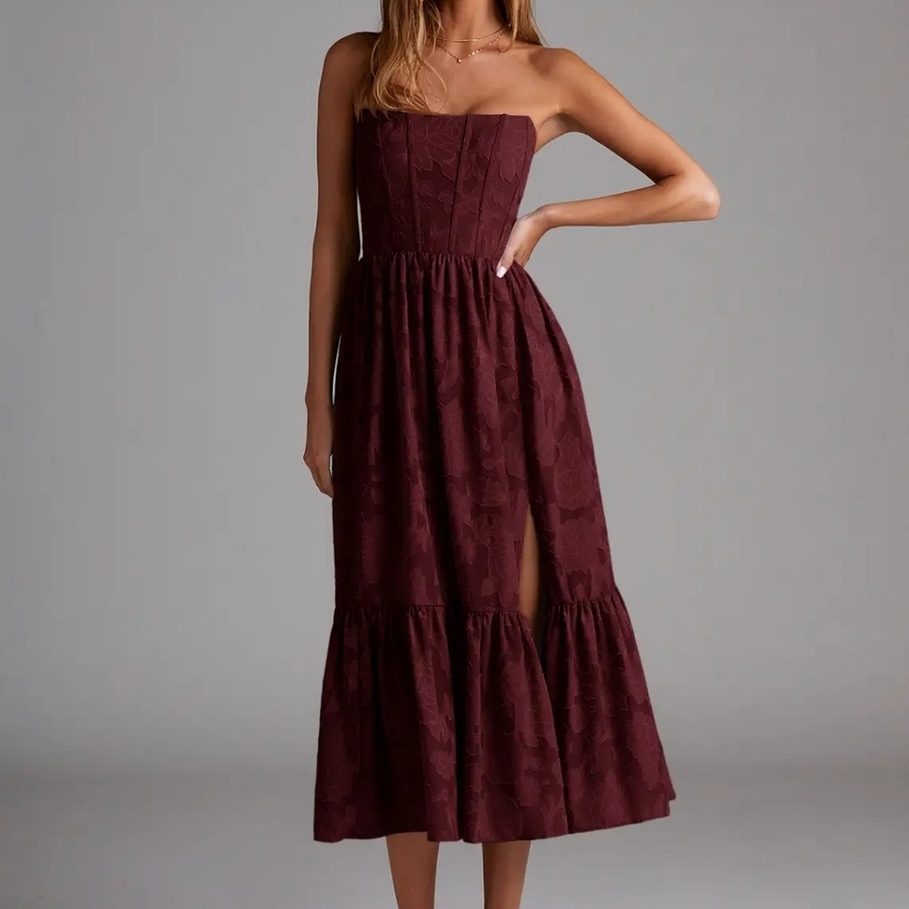 Delphina Wine Lace-up Back Midi Dress